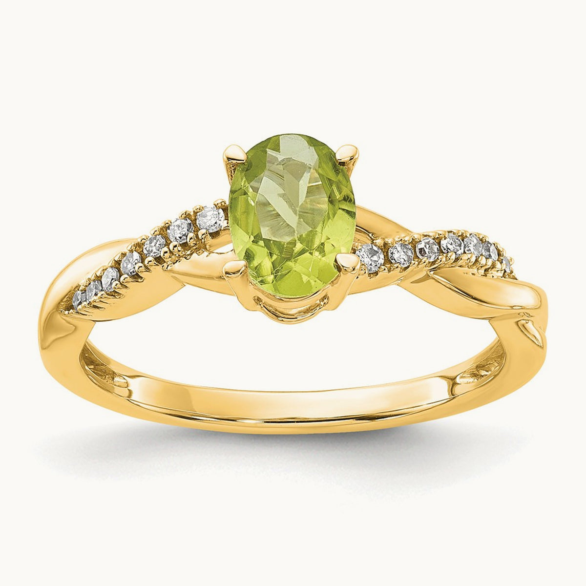 Oval Peridot and Diamond Ring — 14K Yellow Gold, 7