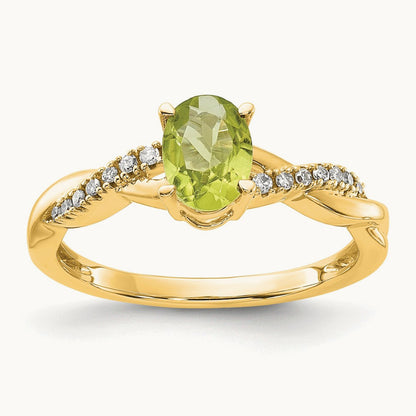 Oval Peridot and Diamond Ring — 14K Yellow Gold, 7