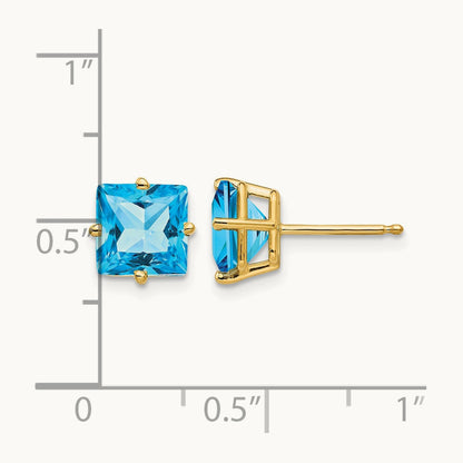 Princess Cut Blue Topaz Earrings, 7mm, 14K