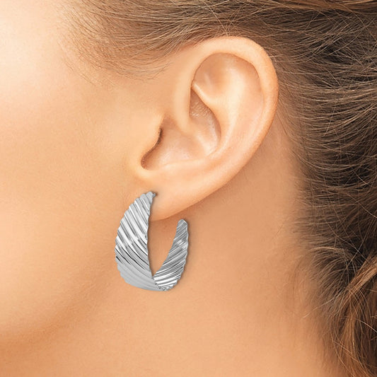 Rh-plat Polished Grooved Left/Right J-Hoop Earring — 28.5mm