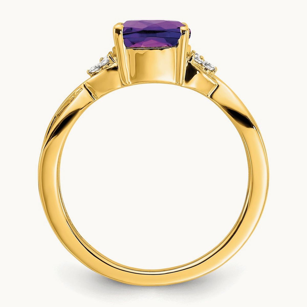 Checkerboard Amethyst and Diamond Ring — 14K Yellow Gold, 7