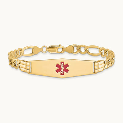 Semi-Solid Medical Soft Diamond Shape Red Enamel Figaro ID Bracelet, 14K