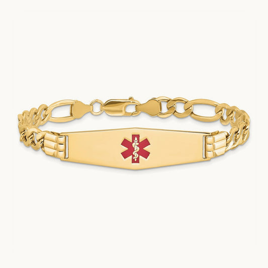 Semi-Solid Medical Soft Diamond Shape Red Enamel Figaro ID Bracelet, 14K