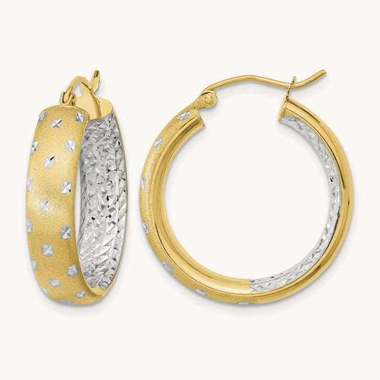 Rhodium Polished Satin Diamond-cut In/Out Hoop Earrings, 14K White