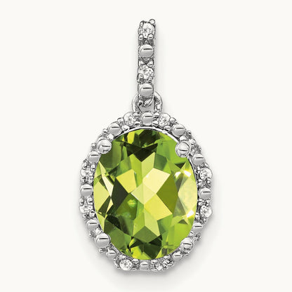 Oval Peridot and Diamond Halo Pendant, 14K White Gold