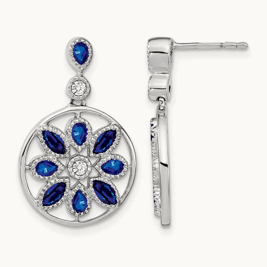 Sapphire and Diamond Floral Dangle Earrings, 14K White Gold