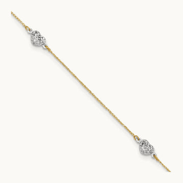 Puff Heart 10in Plus 1in ext Anklet, 14K Two-tone