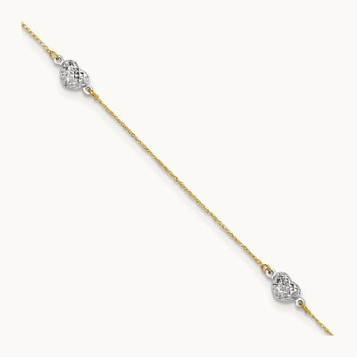 Puff Heart 10in Plus 1in ext Anklet, 14K Two-tone