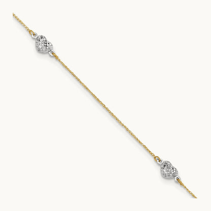 Puff Heart 10in Plus 1in ext Anklet, 14K Two-tone