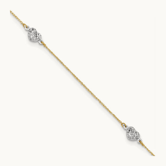 Puff Heart 10in Plus 1in ext Anklet, 14K Two-tone