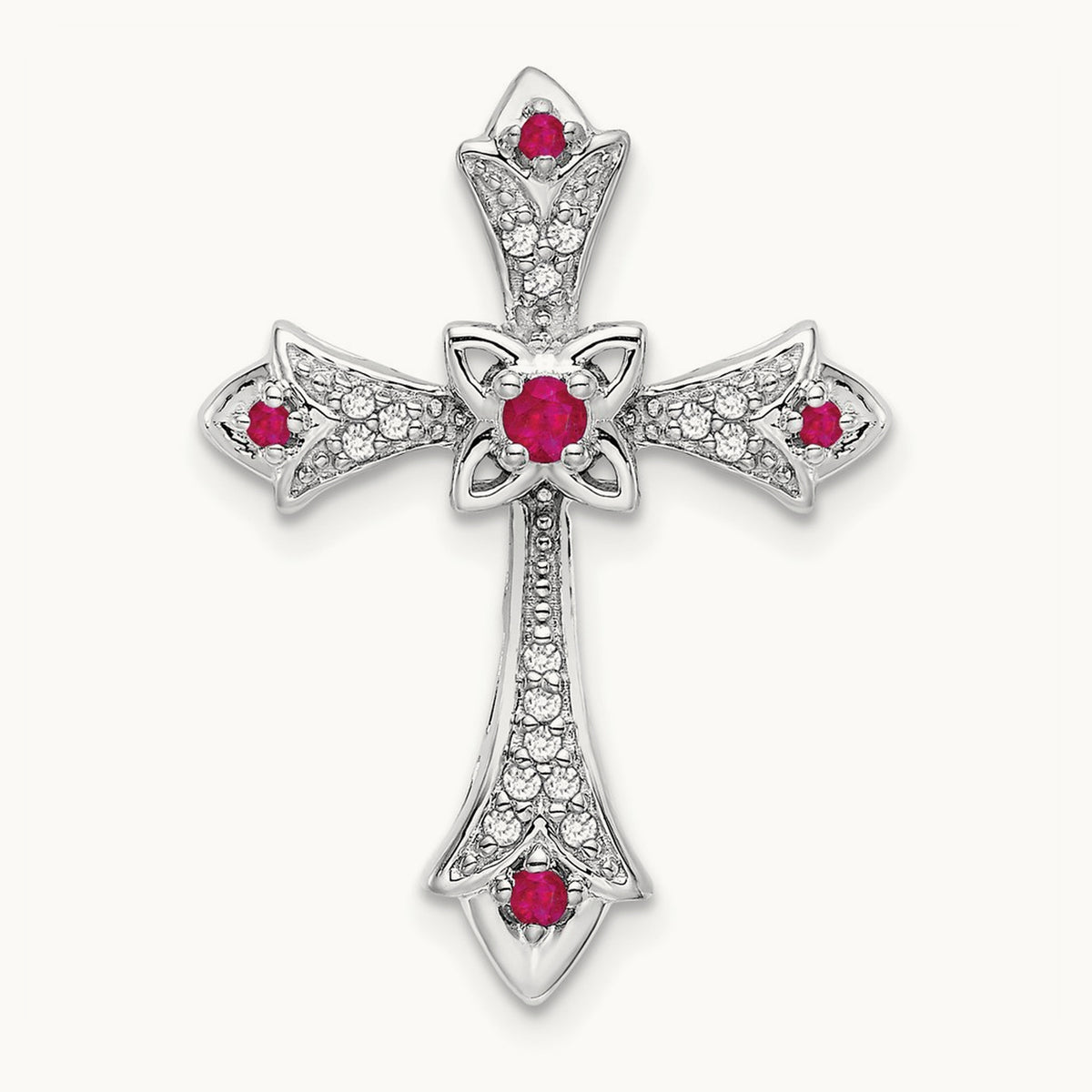 Ruby and Diamond Fleur de Lis Cross Chain Slide, 14K White Gold