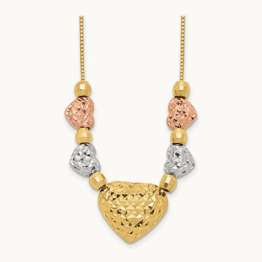 Tri-color Puff & Flat Hearts Necklace, 14K