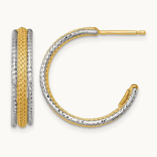 Textured Woven J-Hoop Post Earrings, 4mm, 14K Two-tone