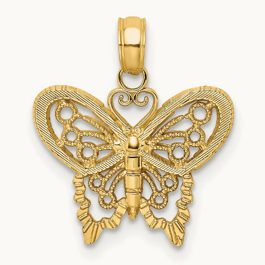 Polished and Textured Filigree Butterfly Charm, 14K