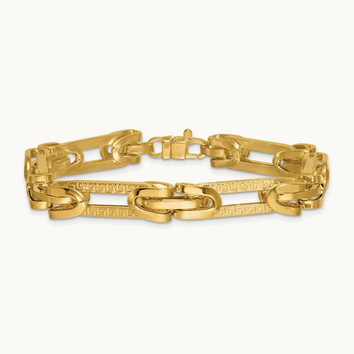 Polished & Textured Greek Key Design Oval Link 7.25 in Bracelet, 14K