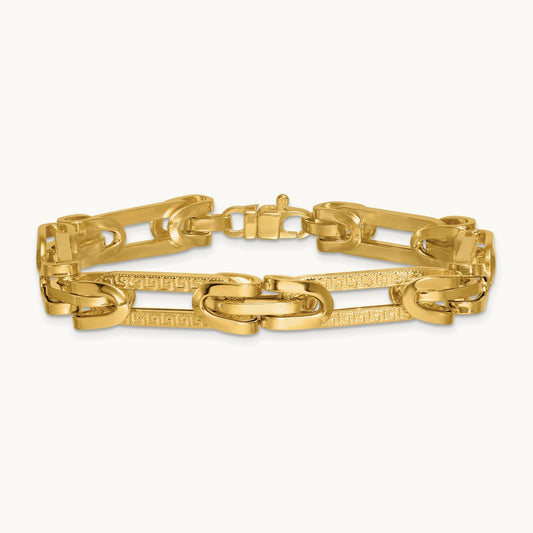 Polished & Textured Greek Key Design Oval Link 7.25 in Bracelet, 14K