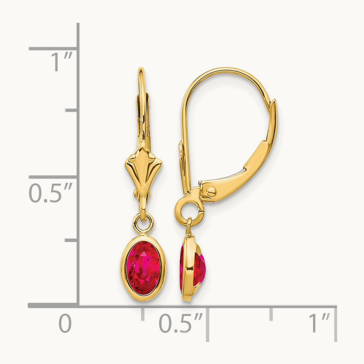 6x4 Oval Bezel July/Ruby Leverback Earrings — 14K Yellow Gold