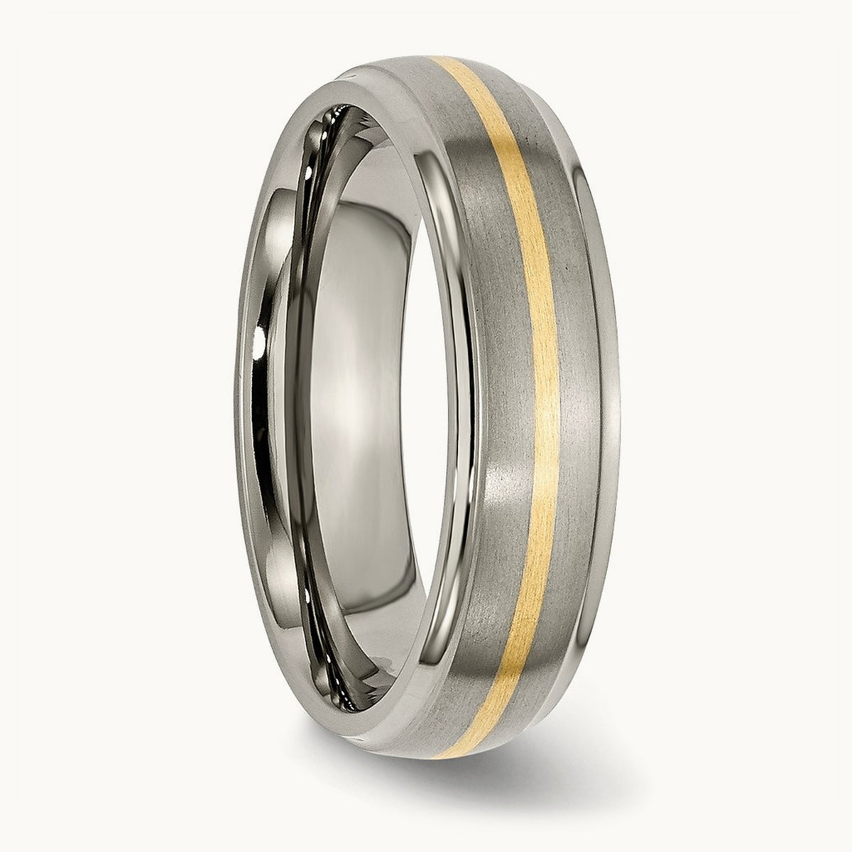 Brushed Center w/14k Yellow Inlay Ridged Edge Band, 6mm, Titanium