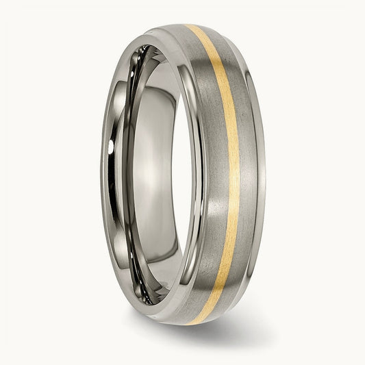Brushed Center w/14k Yellow Inlay Ridged Edge Band, 6mm, Titanium