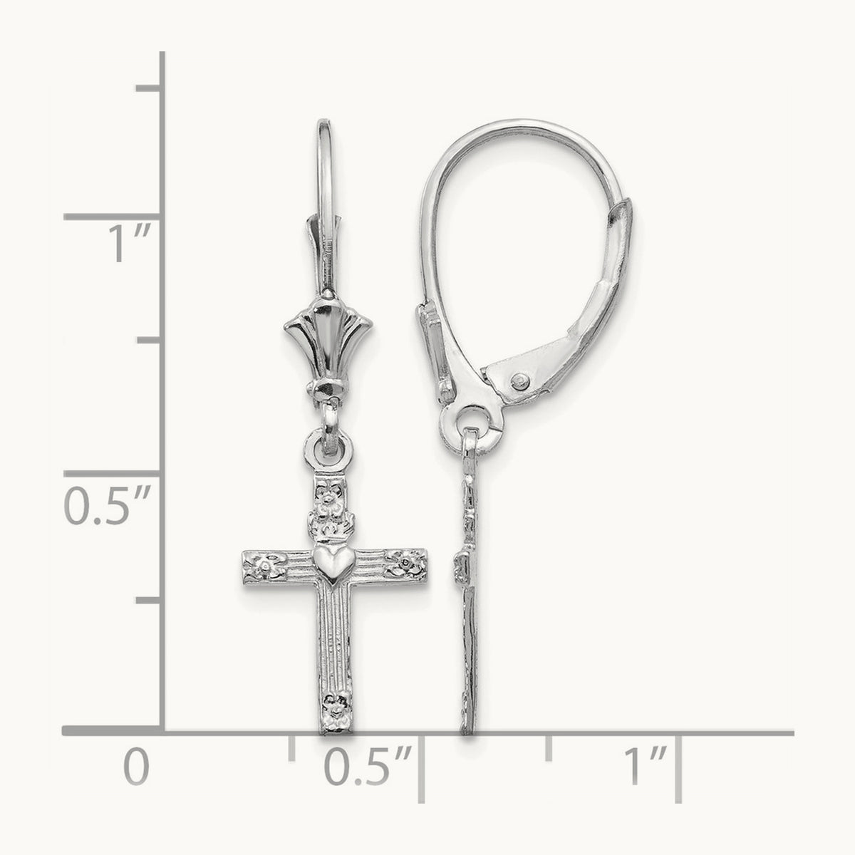 Mini Cross with Heart Leverback Earrings — 14K White Gold