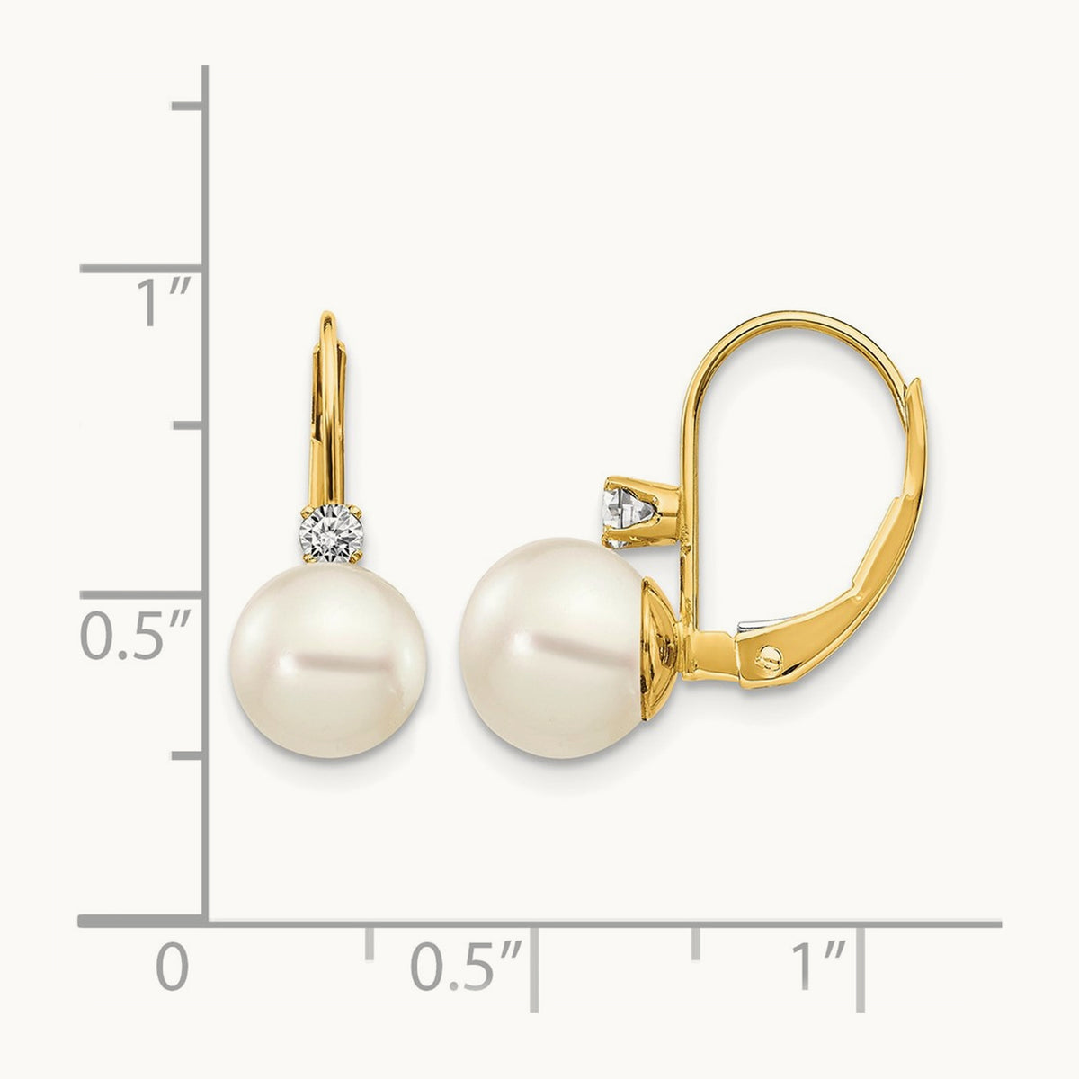 7- White Round FW Cultured Pearl AA Diamond Leverback Earrings, 8mm, 14K