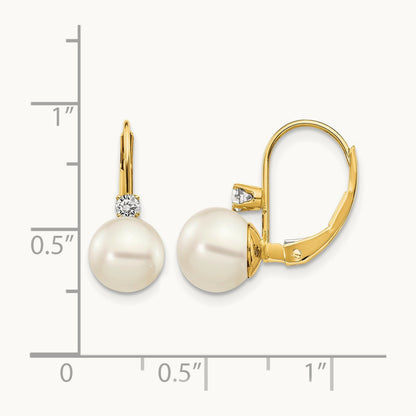 7- White Round FW Cultured Pearl AA Diamond Leverback Earrings, 8mm, 14K
