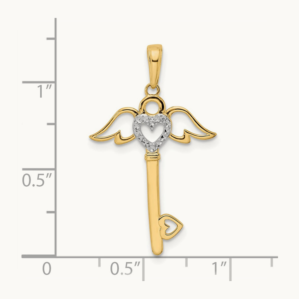 D/C Heart/ Angel Wings Key Pendant, 14K with White Rhodium