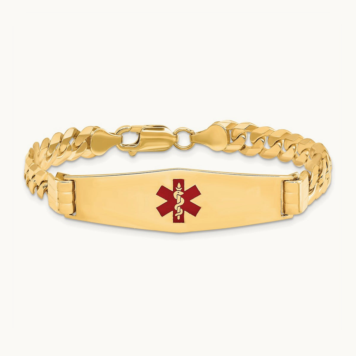 Medical Soft Diamond Shape Red Enamel Curb Link ID Bracelet, 14K