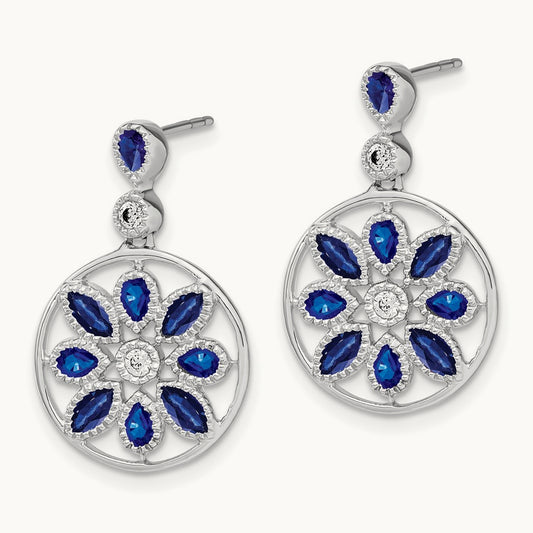 Sapphire and Diamond Floral Dangle Earrings, 14K White Gold