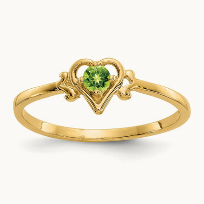 Peridot Birthstone Heart Ring — 14K Yellow Gold, 7