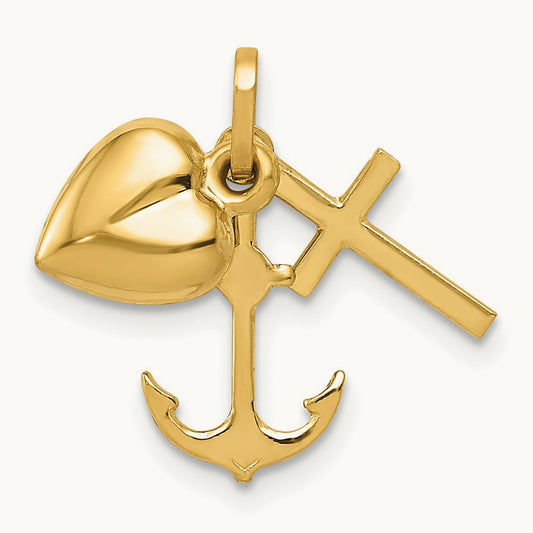 Polished Heart Cross Anchor Pendant, 14K