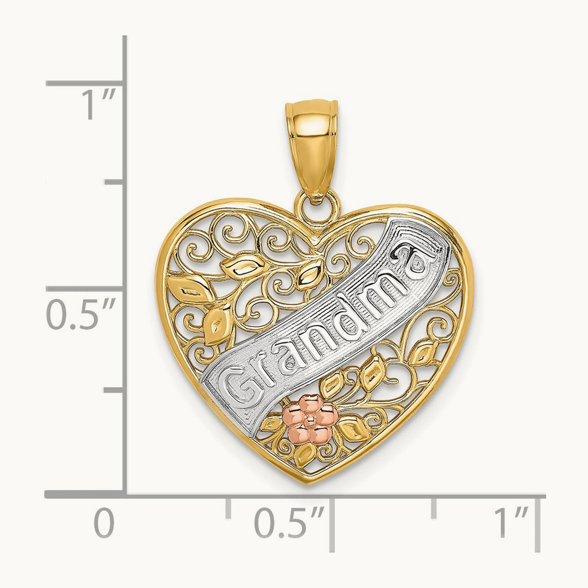 Rhodium GRANDMA In Filigree Heart w/ Flowers Charm, 14K Two-tone White