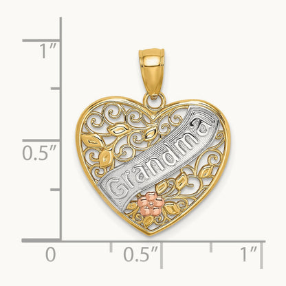 Rhodium GRANDMA In Filigree Heart w/ Flowers Charm, 14K Two-tone White