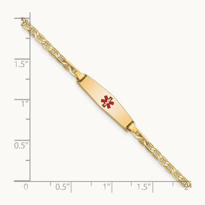 Medical Soft Diamond Shape Red Enamel Flat Anchor Link ID Bracelet, 14K