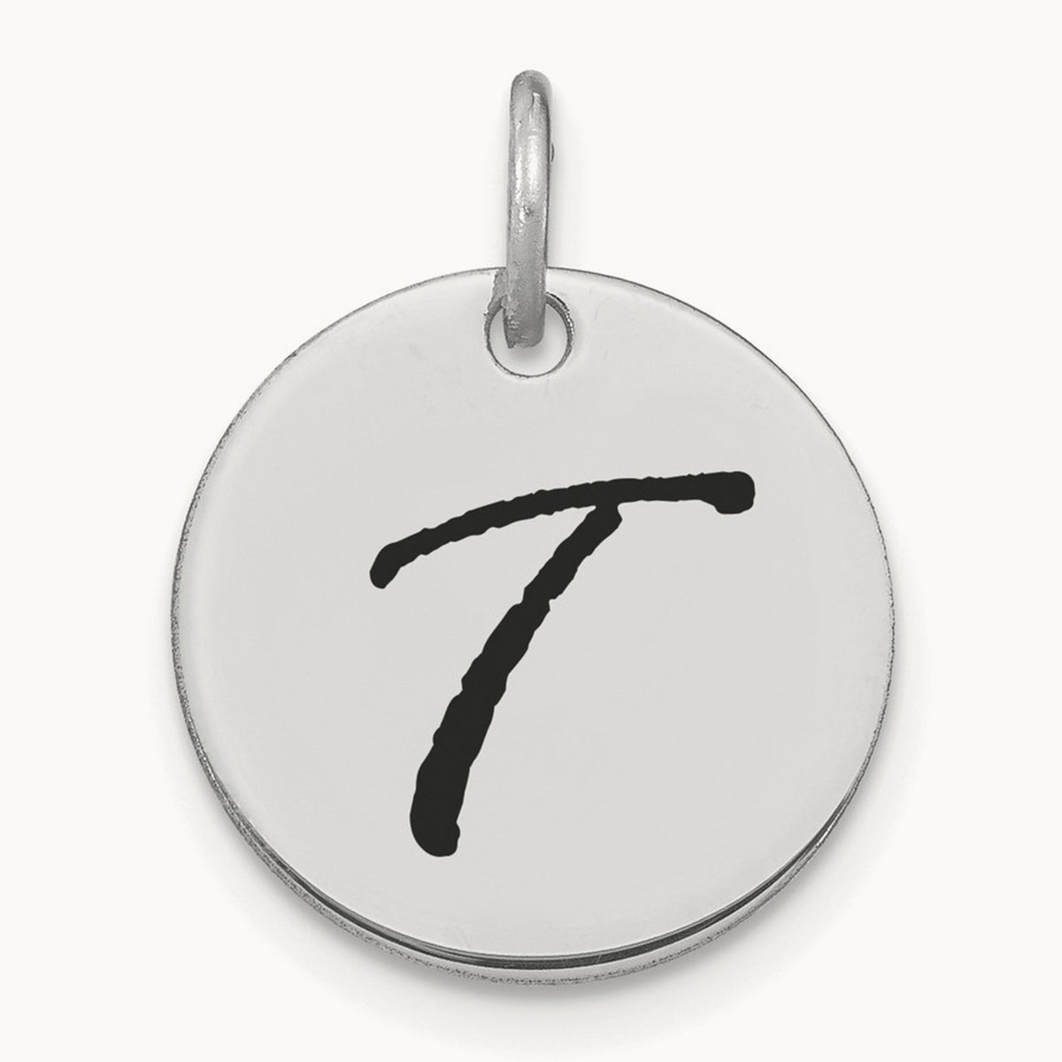 Polished Black Enamel Initial Disk Charm — 14K White Gold, T