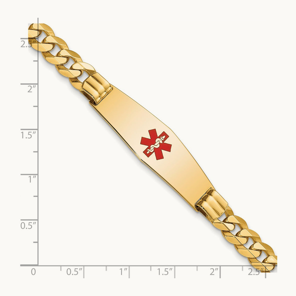 Medical Soft Diamond Shape Red Enamel Flat Curb Link ID Bracelet, 14K