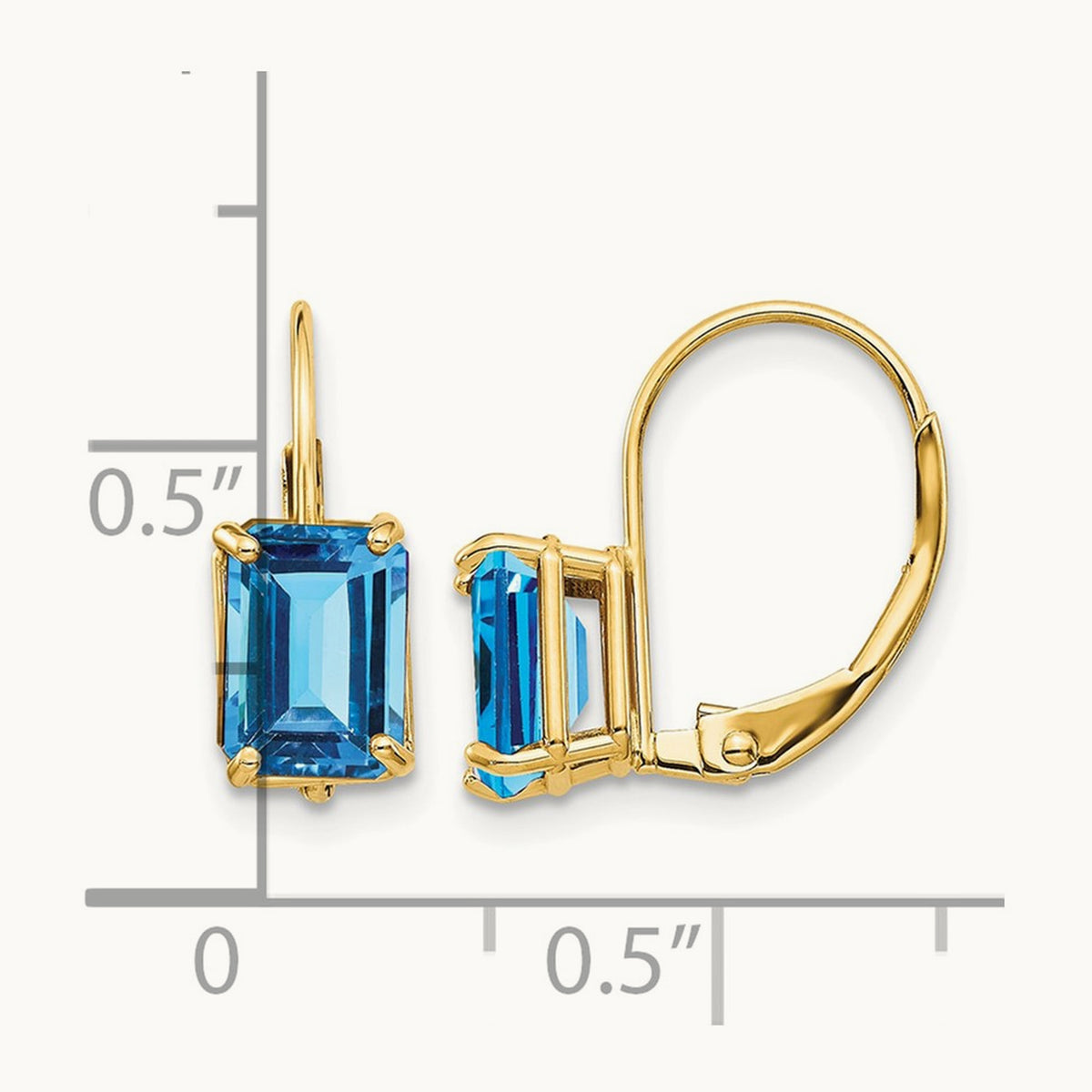 7x5mm Emerald Cut Blue Topaz Leverback Earrings, 14K