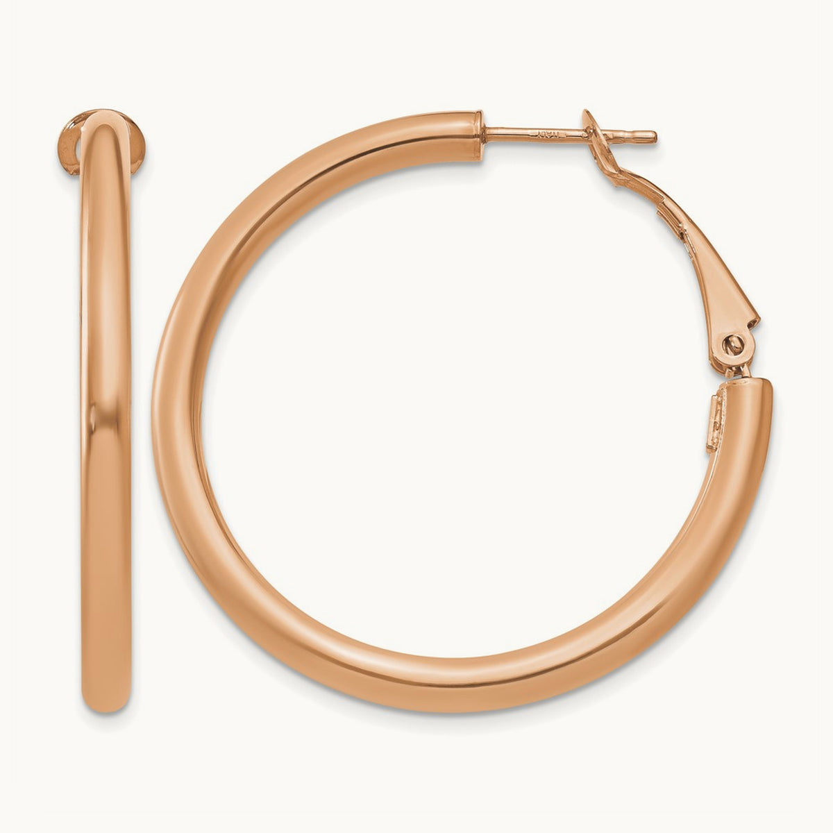 Polished Round Omega Back Hoop Earrings — 14K Rose Gold, 3x36mm