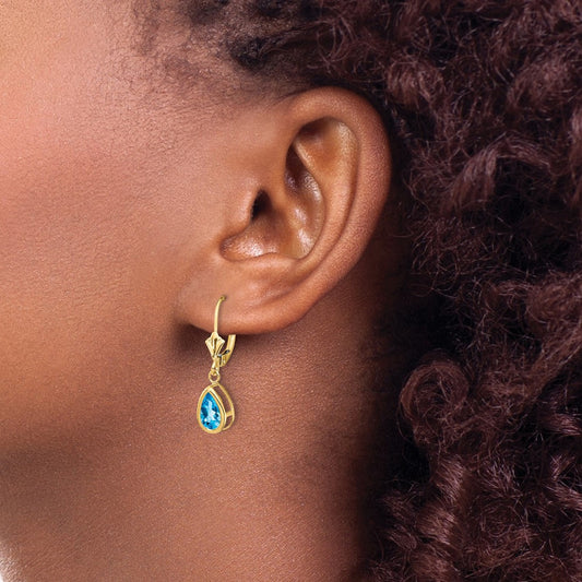 8x5mm Pear Blue Topaz Leverback Earrings — 14K Yellow Gold
