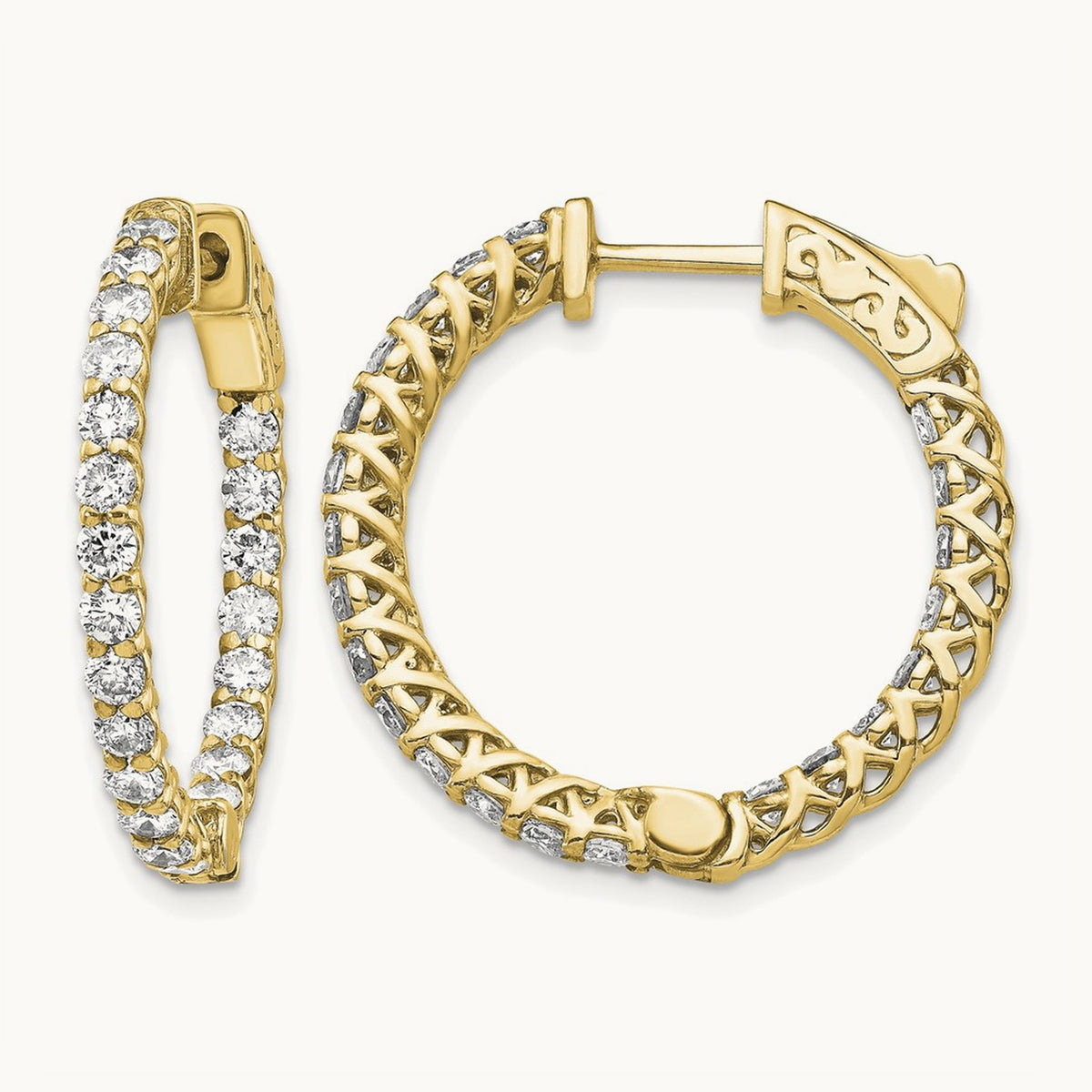 Diamond Round Hoop w/Safety Clasp Earrings, 14K