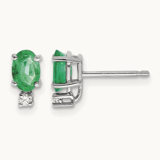 Emerald and Diamond Post Earrings, 14K White Gold