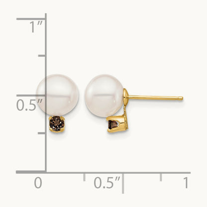 7- White Round FW Cultured Pearl Smokey Quartz Post Earrings, 7.5mm, 14K