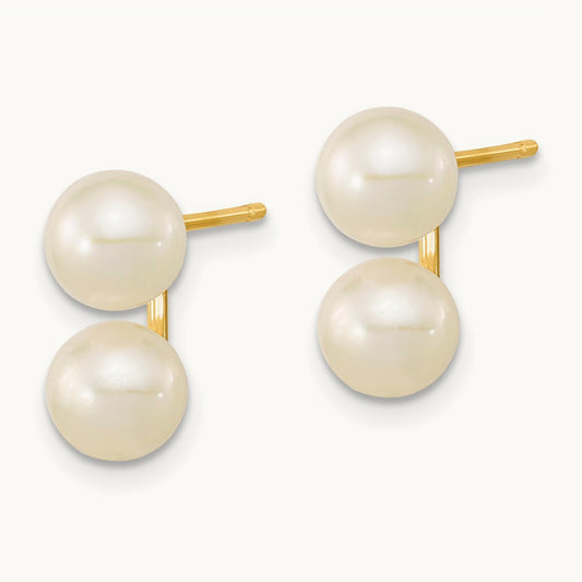 6- White Round FW Cultured Double Pearl Post Earrings, 7mm, 14K