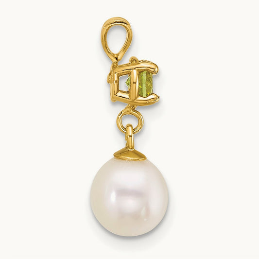7- Round White FWC Pearl and Peridot Pendant, 8mm, 14K