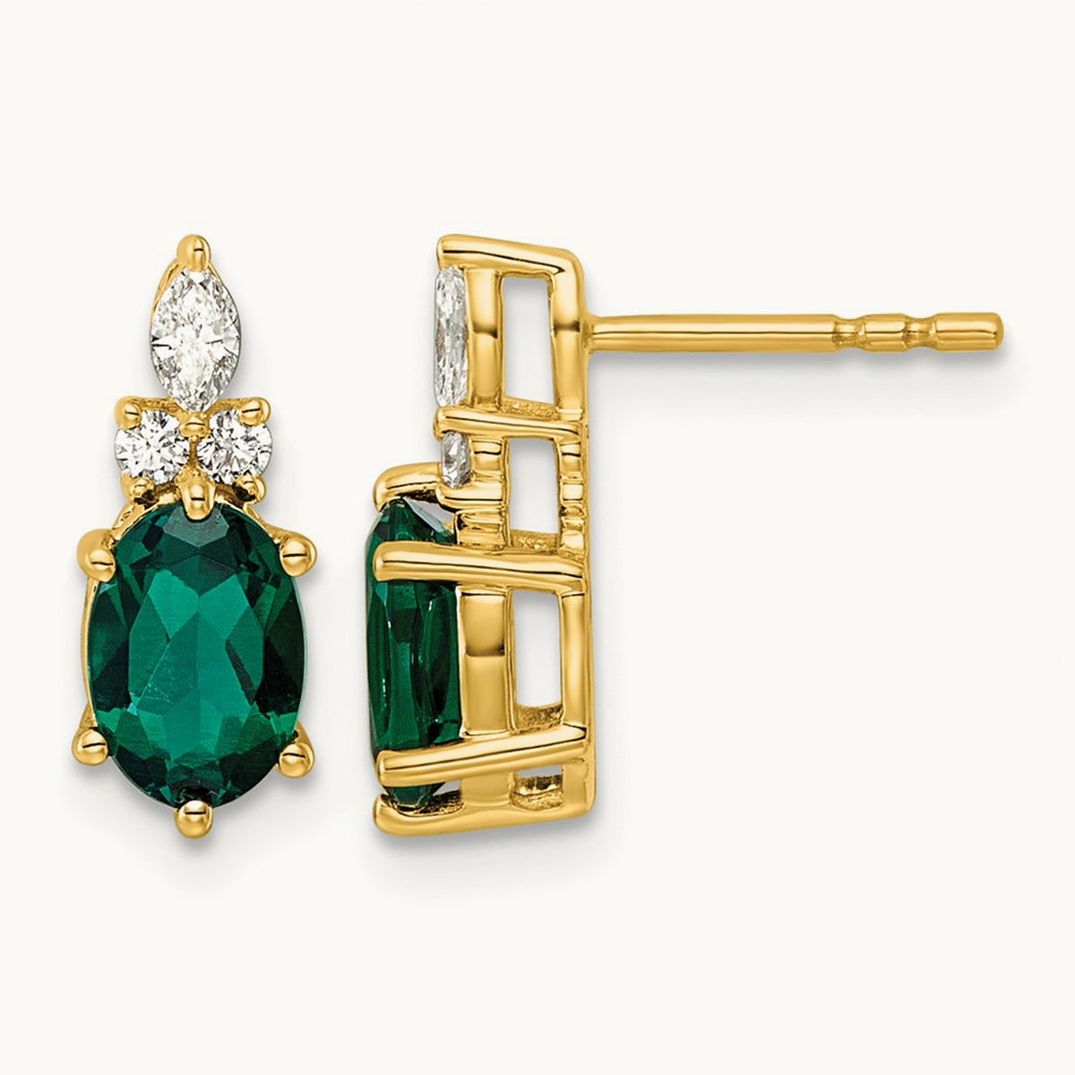 Diamond and Lab Created Emerald Post Earrings — 14K Yellow Gold
