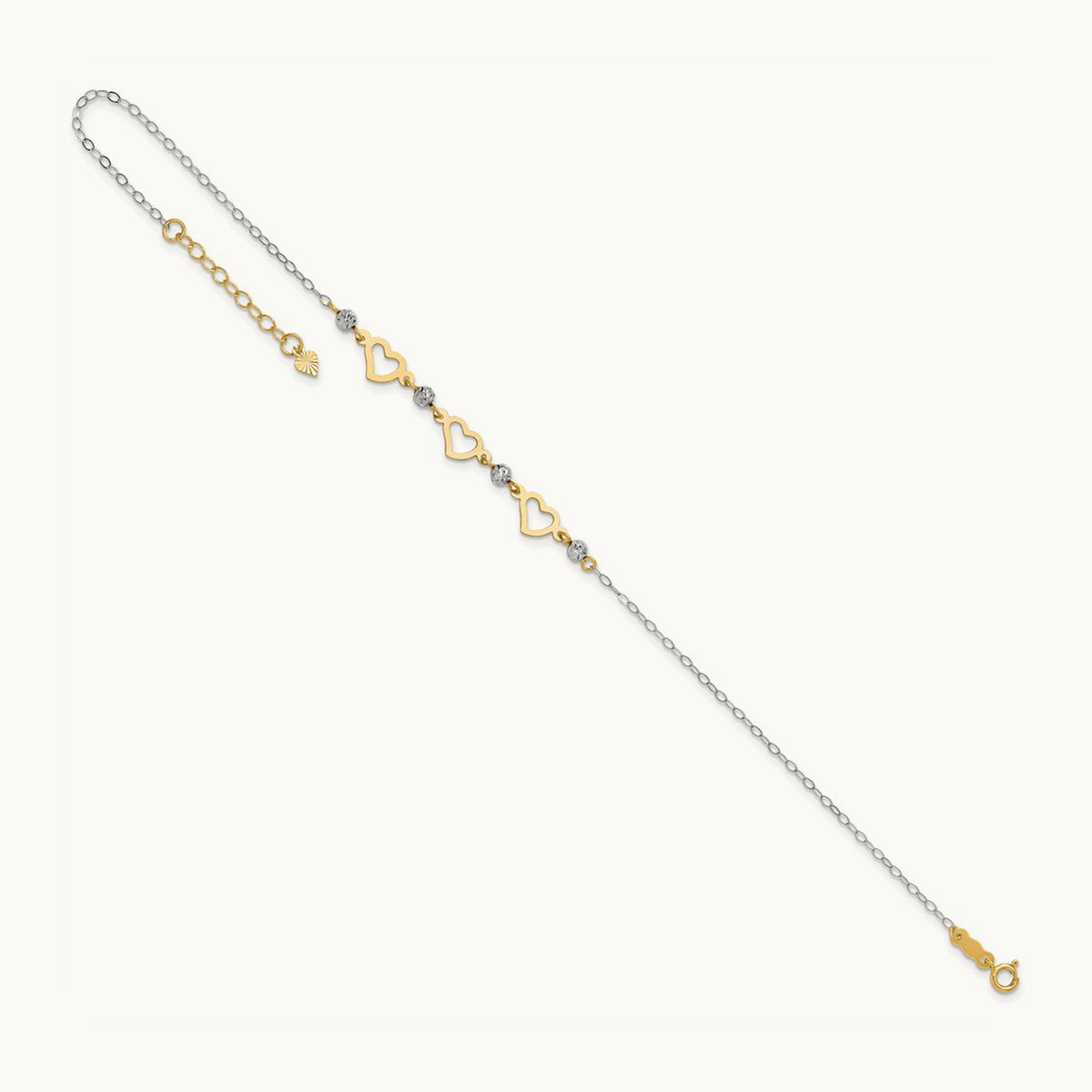 Oval Link Diamond-cut Beads and Heart 9in Plus 1in Ext Anklet, 14K Two-tone