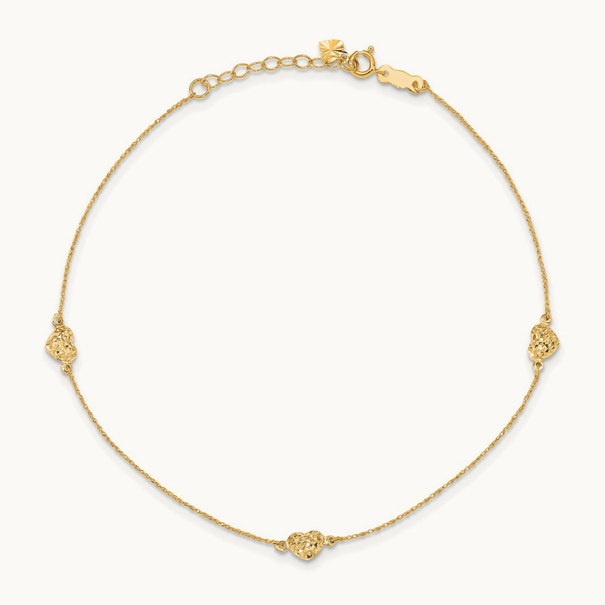 Puff Heart 9in Plus 1in ext. Anklet, 14K