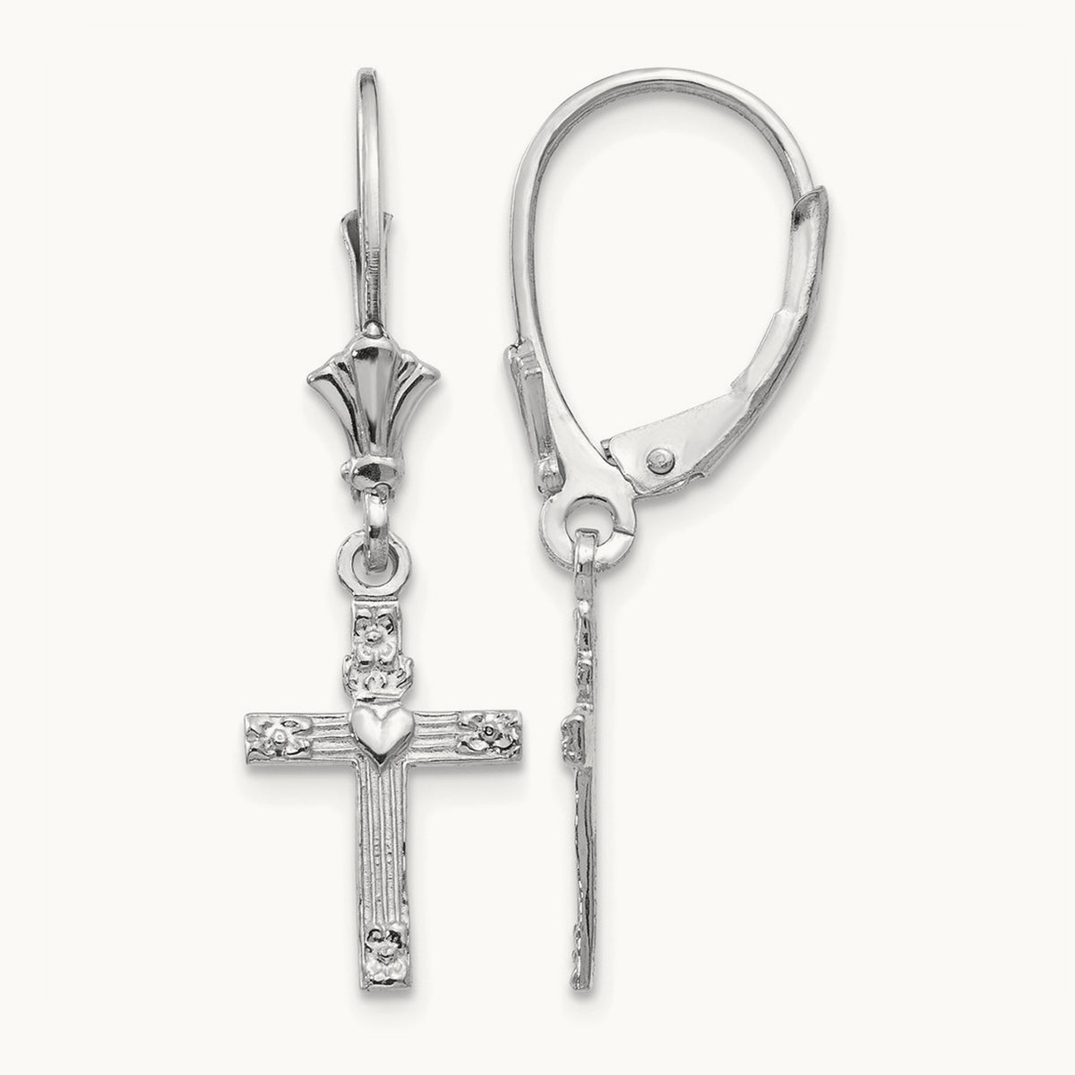 Mini Cross with Heart Leverback Earrings — 14K White Gold