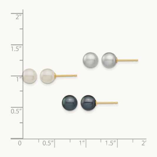 6- White/Grey/Black Round FWC Pearl 3 pair Stud Post Earrings Set, 6.5mm, 14K