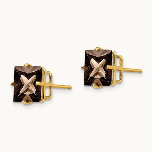 Square Checker-Cut Smoky Quartz Earrings, 8mm, 14K